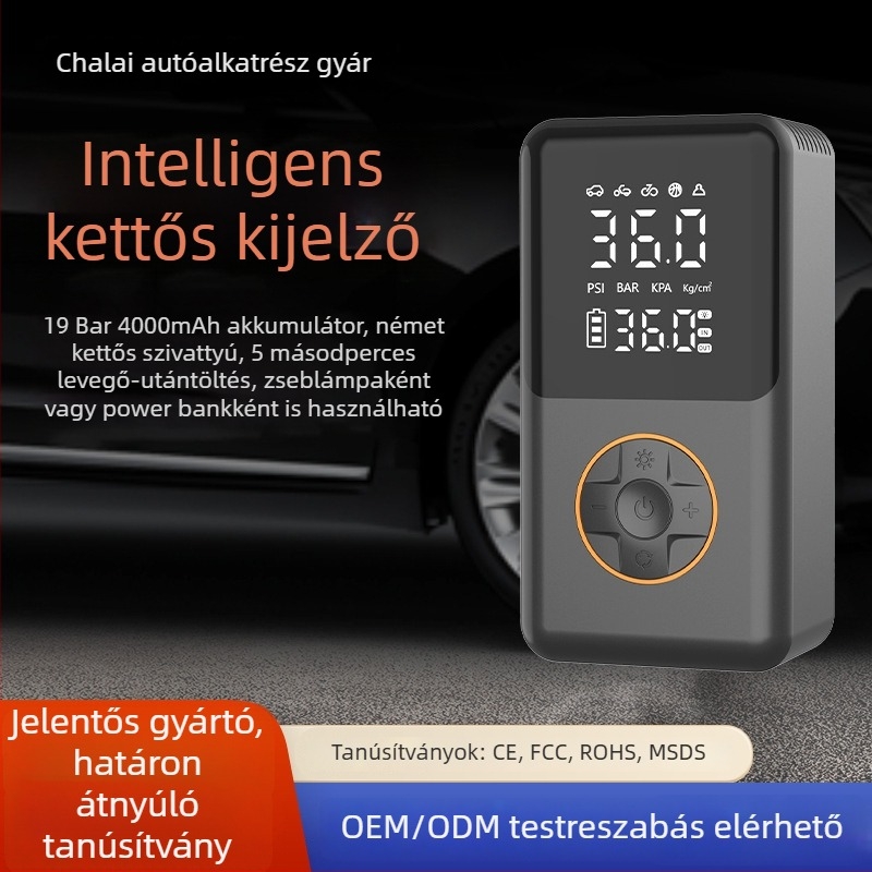 Önellátó, hordozható autólégpumpa automatikus leállítással, digitális kijelzővel, LED világítással és USB töltéssel