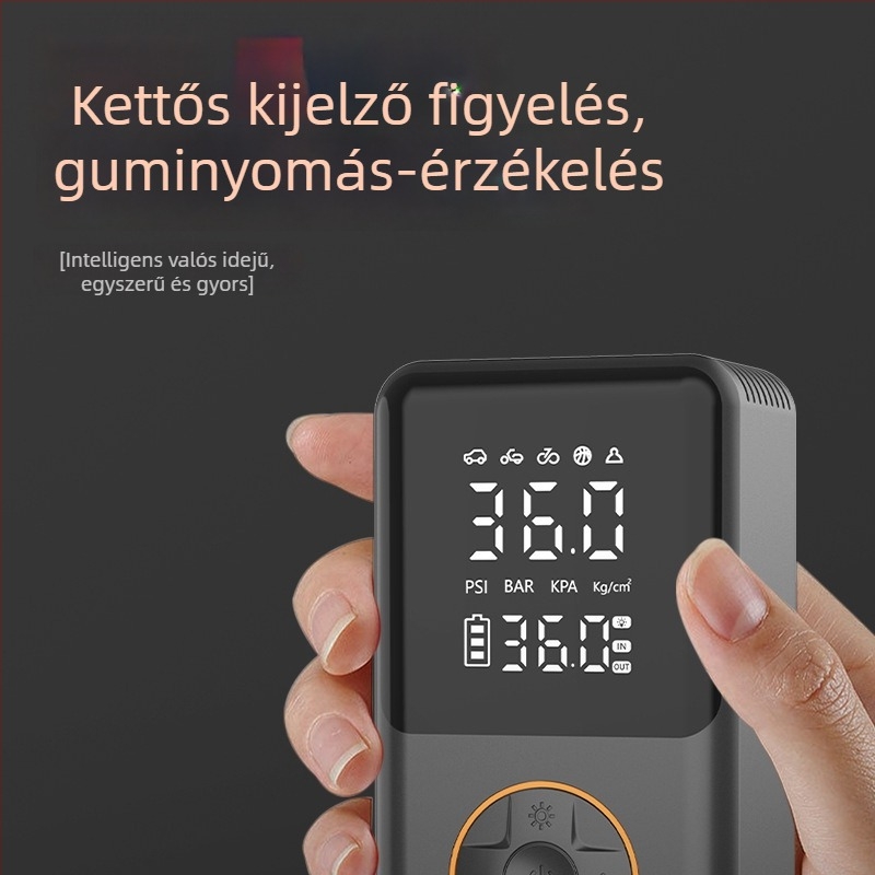 Önellátó, hordozható autólégpumpa automatikus leállítással, digitális kijelzővel, LED világítással és USB töltéssel