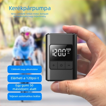 Mini kerékpár- és autó légpumpa - újratölthető 12V, digitális kijelző, 25 L/min, 160 g, gumiabroncsnyomás-mérő