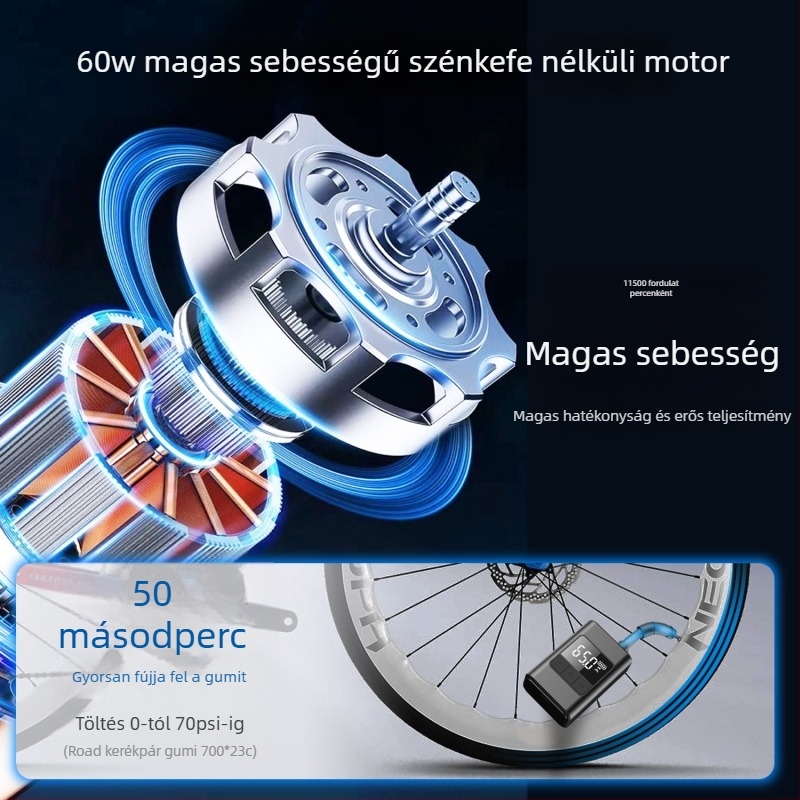 Mini kerékpár- és autó légpumpa - újratölthető 12V, digitális kijelző, 25 L/min, 160 g, gumiabroncsnyomás-mérő
