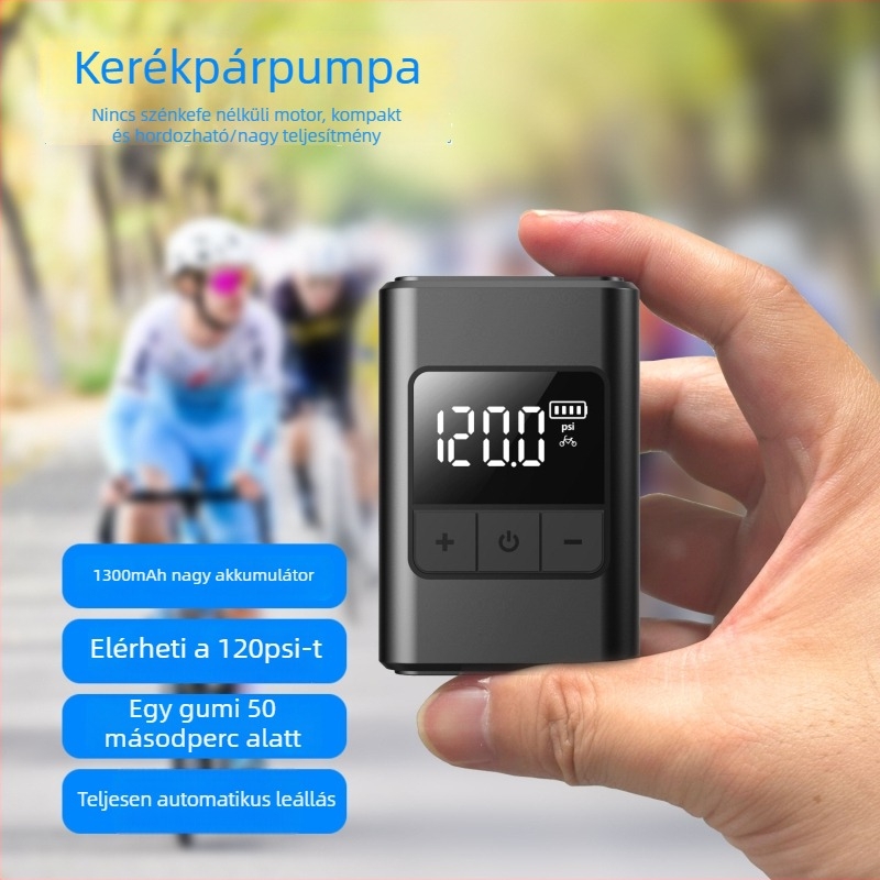 Mini kerékpár- és autó légpumpa - újratölthető 12V, digitális kijelző, 25 L/min, 160 g, gumiabroncsnyomás-mérő