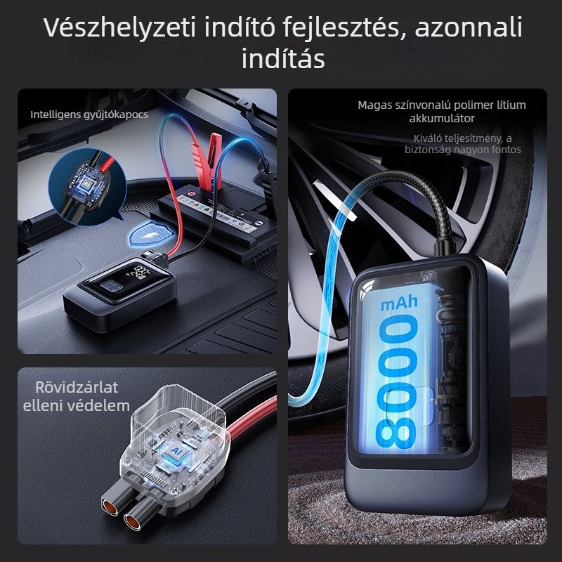 Autólevegőpumpa vészindítással, 1000A, 20V, 120W, Type-C, 35 l/min
