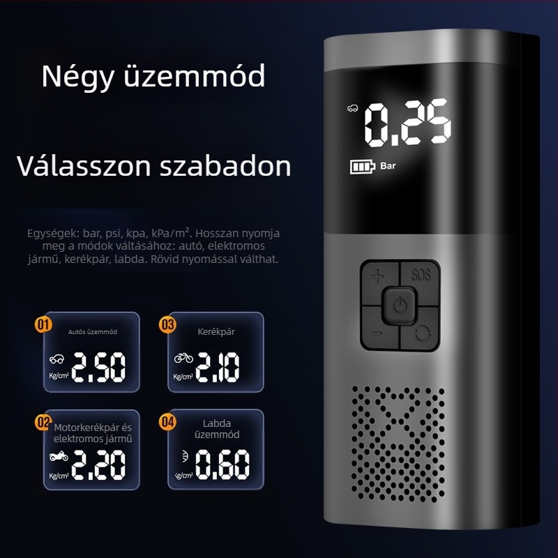 Hordozható autógumi töltőfújó, vezeték nélküli, intelligens digitális kijelzővel és nagy teljesítménnyel