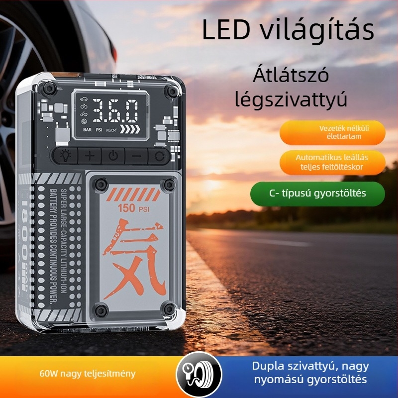 Autóba szerelhető vezeték nélküli levegőpumpa digitális kijelzővel, elektromos, kompakt, hordozható, kettős motorral, vészvilágítással