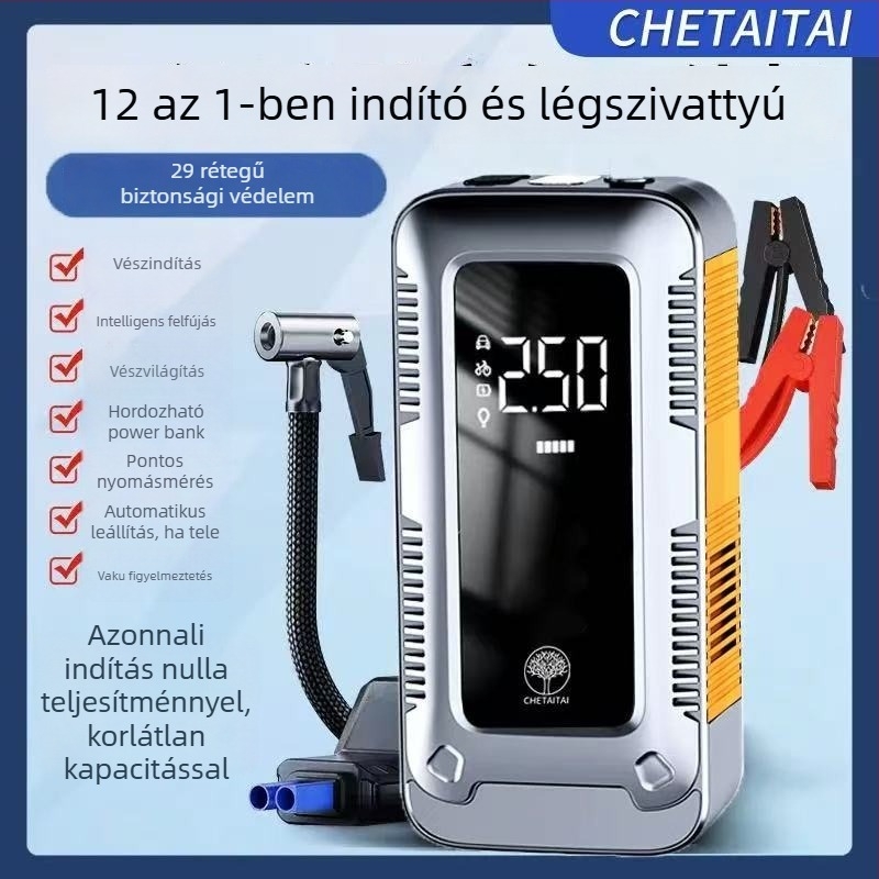 12V keréknyomás-felfújó egység, egyben vészindítással és USB töltéssel