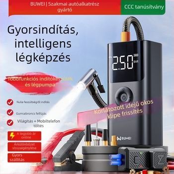 12V Sürgősségi autóindító készülék beépített levegőpumpával és guminyomásmérővel, tartalék akkumulátorral és power bankkal