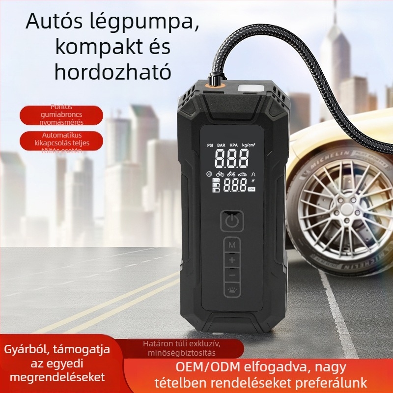 Hordozható, újratölthető autópumpa digitális kijelzővel, 12V, 80W, 3 m kábellel, manométer