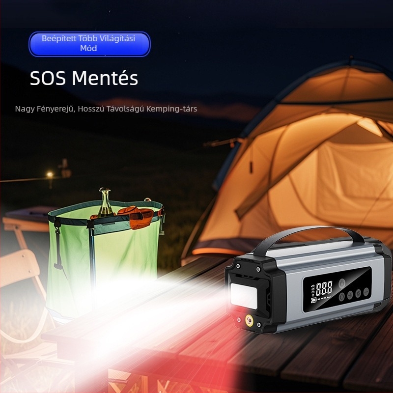 Hordozható autóindító és power bank beépített inflátorral, sürgősségi energiaellátás, digitális kijelző, USB töltés, LED világítás és guminyomás-mérő