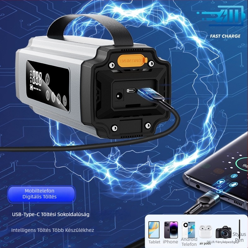 Hordozható autóindító és power bank beépített inflátorral, sürgősségi energiaellátás, digitális kijelző, USB töltés, LED világítás és guminyomás-mérő