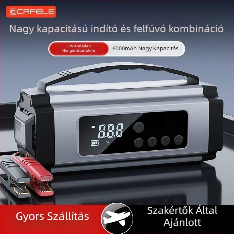 Hordozható autóindító és power bank beépített inflátorral, sürgősségi energiaellátás, digitális kijelző, USB töltés, LED világítás és guminyomás-mérő