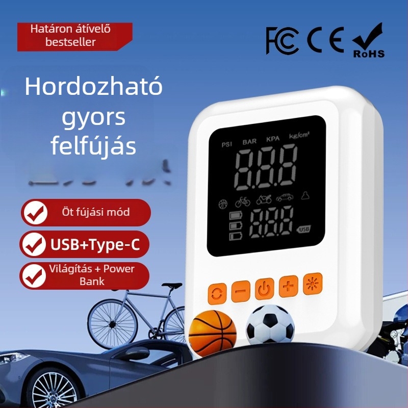 Hordozható autógumi-szivattyú digitális kijelzővel, 12V-os újratölthető, ABS ház, 50 L/perc légáramlat, USB töltés