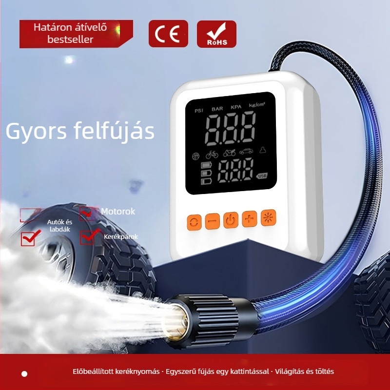 Hordozható autógumi-szivattyú digitális kijelzővel, 12V-os újratölthető, ABS ház, 50 L/perc légáramlat, USB töltés