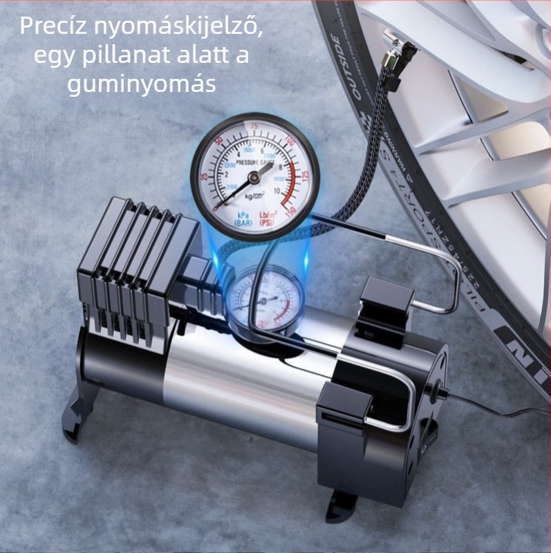 Hordozható autópumpa, 12V, nagy teljesítményű inflator, magas nyomás, beépített világítással és guminyomás-mérővel