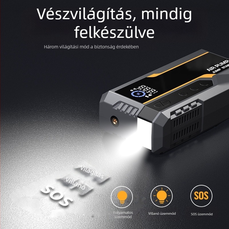Autó keréknyomás inflátor vészindítással, mindent egyben hordozható power bank és LED világítás
