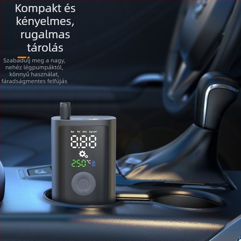 Hordozható vezeték nélküli digitális autó légpumpa beépített lítium akkumulátorral, gumiabroncsnyomás-nyomásmérővel, digitális kijelzővel, USB töltéssel, 25 L/min fúvási sebességgel