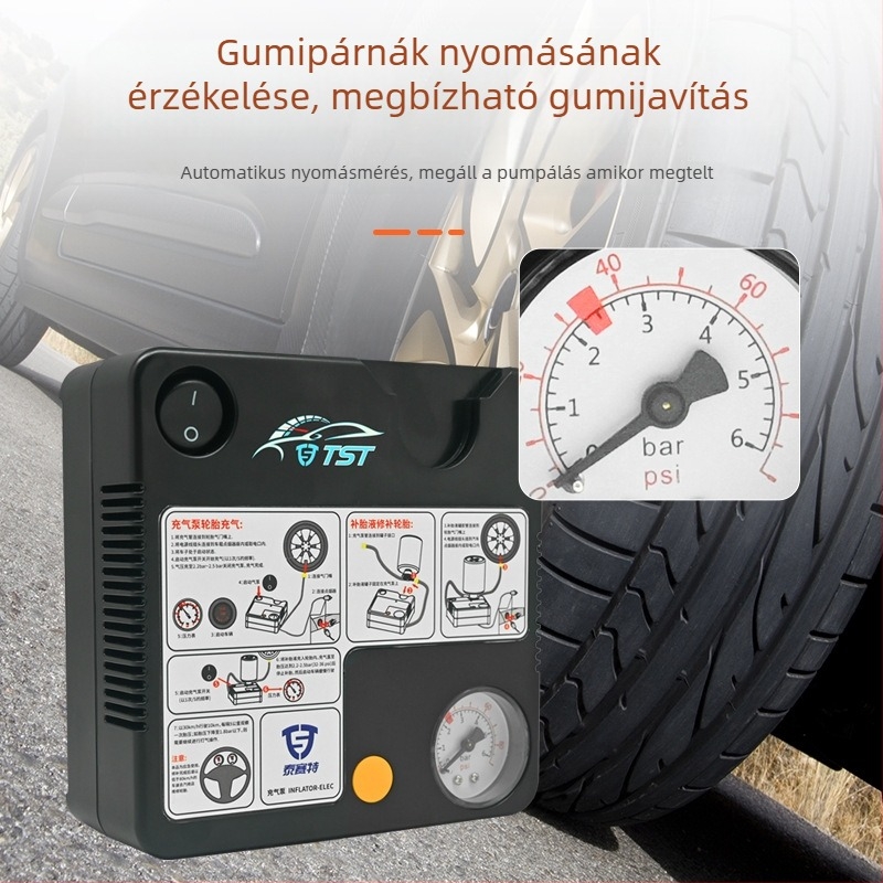 Taiset autó inflátor manométerrel, kábeles hordozható levegőpumpa, 12V, 120W, 35 L/min, 270 cm hosszú kábel