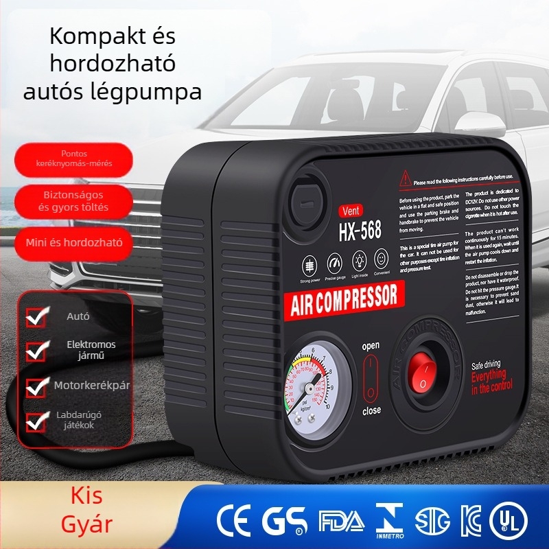Autó gumiinflátor — 12V, 120W, 35 L/min, beépített világítás és nyomásmérő