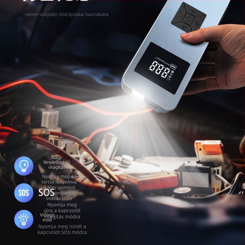 12V járműre szerelt felfúvó készülék világítással és lítium akkumulátorral — ABS, 120W, 30A, 2m tápkábel