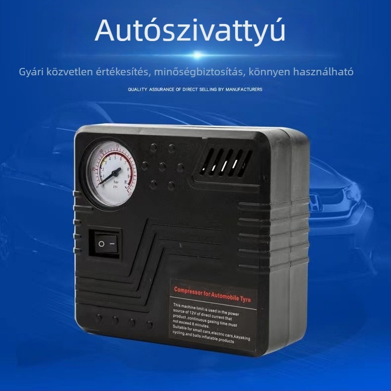 12V-es autógumi-szivattyú manométerrel, hordozható, négyszögletes kialakítás