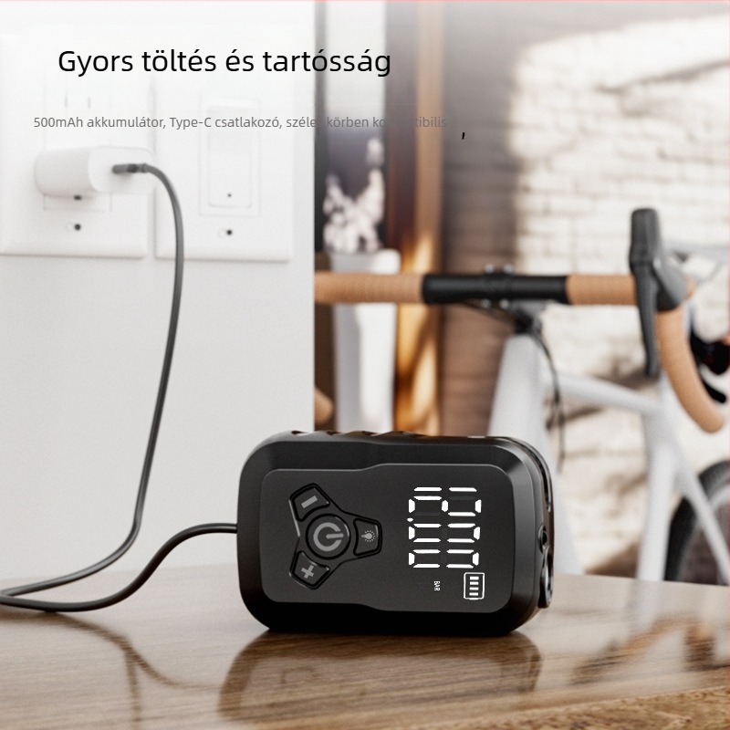 KST elektromos kerékpárpumpa - hordozható mini pumpa országúti és terepkerékpározáshoz, újratölthető, 36V, 80W, 30 L/min, LCD kijelző