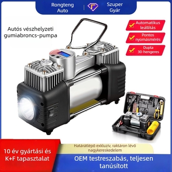 12V autó légpumpa, kettős hengeres, hordozható, autógumikhoz, nagy nyomású, többfunkciós