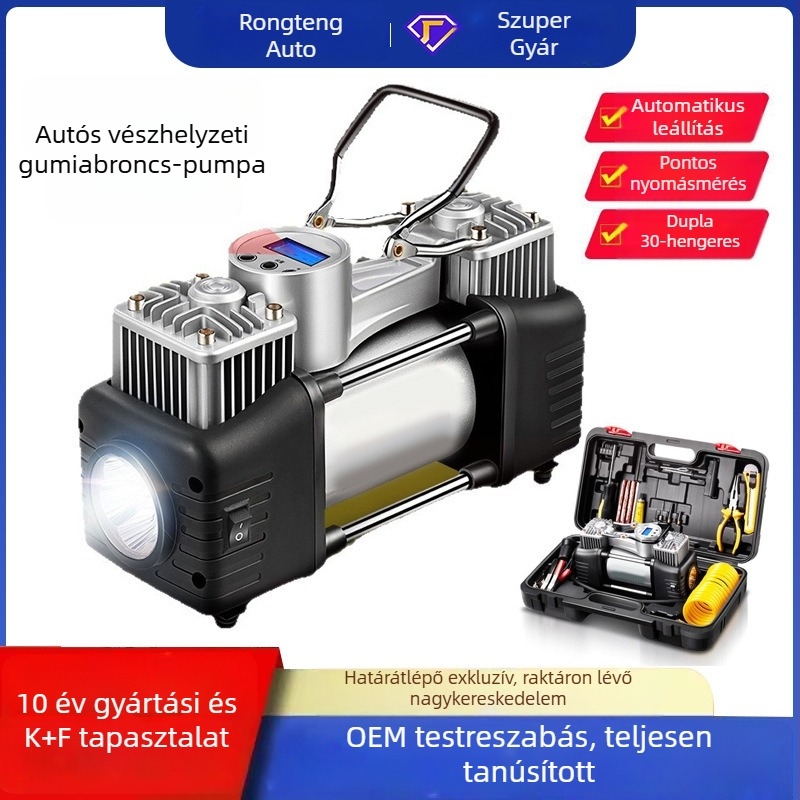12V autó légpumpa, kettős hengeres, hordozható, autógumikhoz, nagy nyomású, többfunkciós
