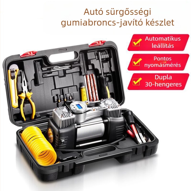 12V autó légpumpa, kettős hengeres, hordozható, autógumikhoz, nagy nyomású, többfunkciós