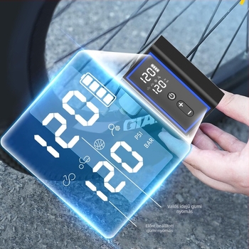Okos hordozható kerékpárpumpa, USB-C töltés, légáram 25 L/min, tömeg 159 g, digitális kijelző