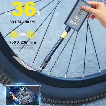 Okos hordozható kerékpárpumpa, USB-C töltés, légáram 25 L/min, tömeg 159 g, digitális kijelző