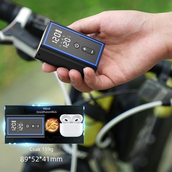 Okos hordozható kerékpárpumpa, USB-C töltés, légáram 25 L/min, tömeg 159 g, digitális kijelző