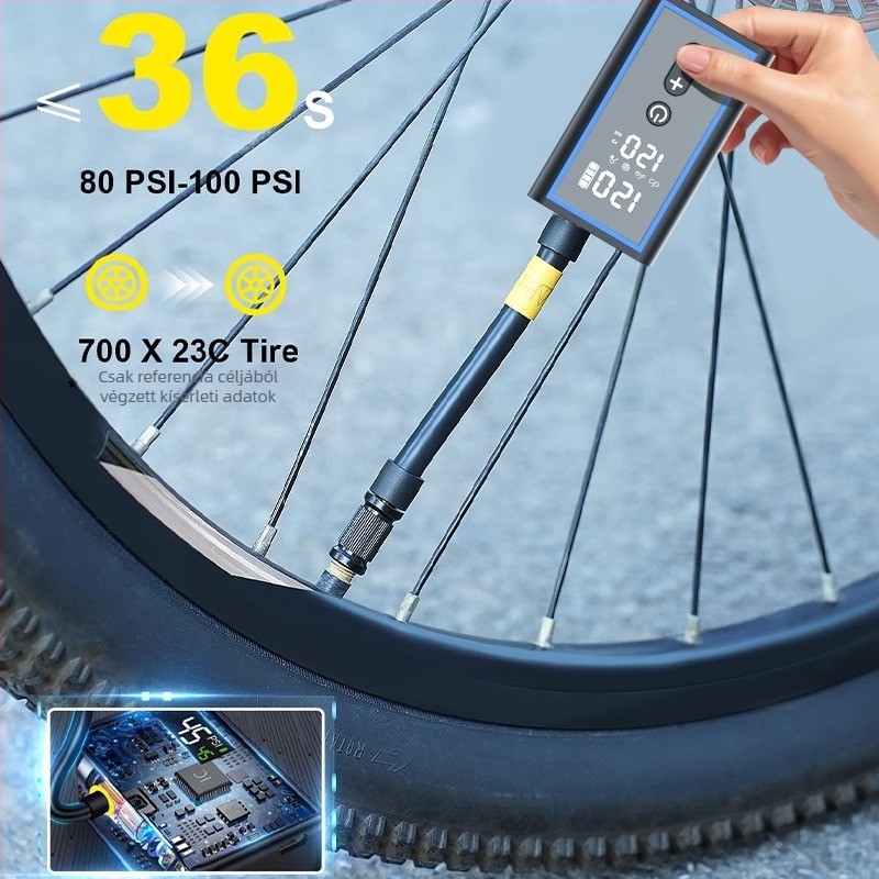 Okos hordozható kerékpárpumpa, USB-C töltés, légáram 25 L/min, tömeg 159 g, digitális kijelző