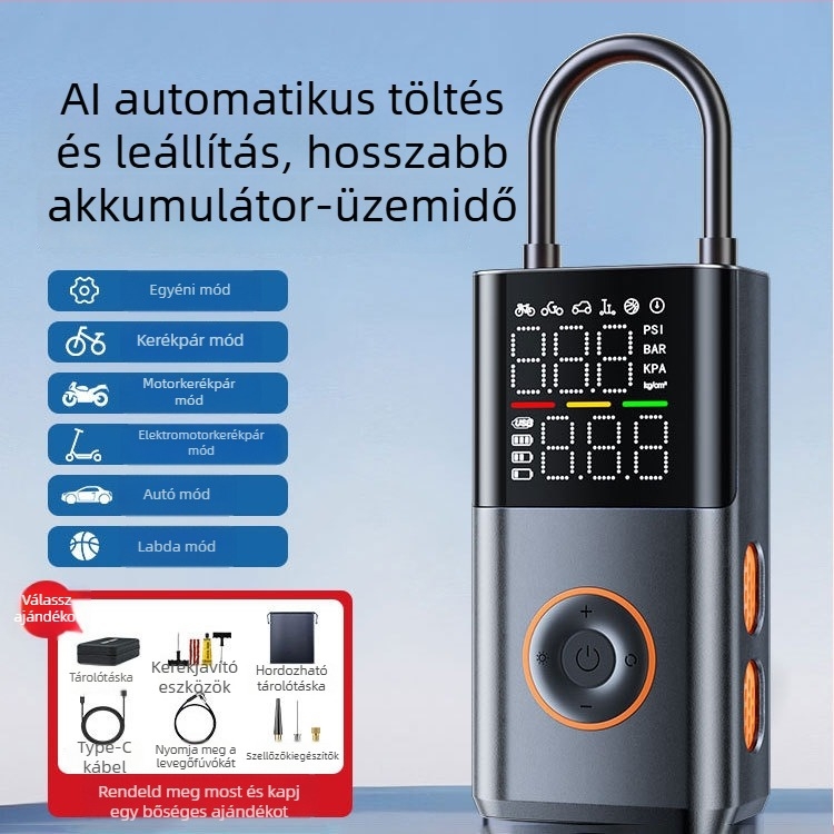 E5 Vezeték nélküli hordozható autógumi pumpa - 12V, 120W, 25 L/min, Magas precizitású digitális kijelző, Automatikus kikapcsolás intelligens nyomásfigyeléssel, Újratölthető