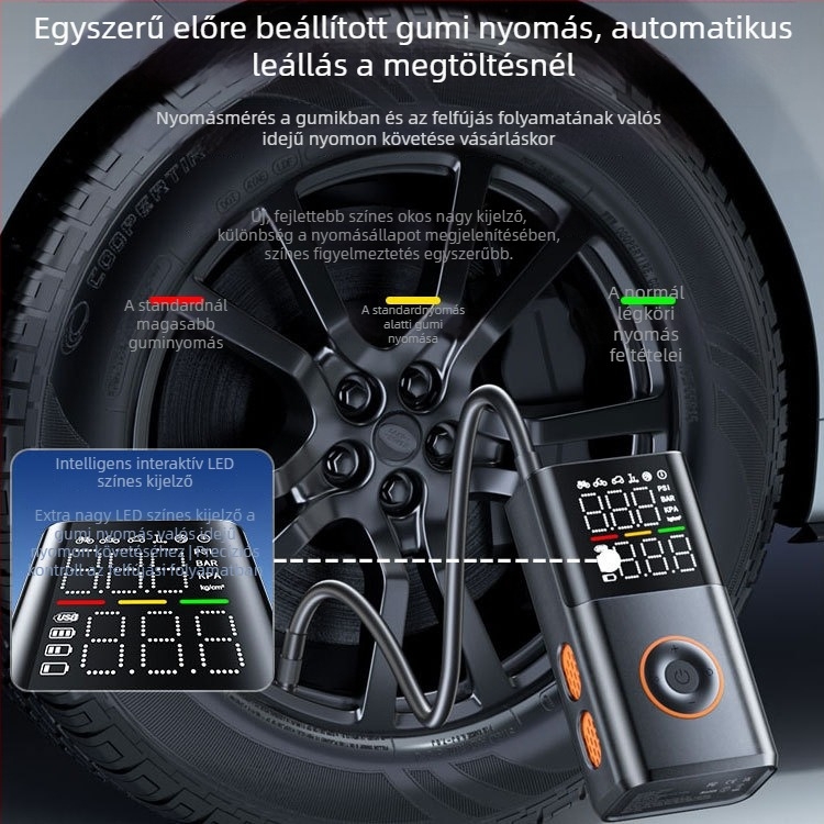 E5 Vezeték nélküli hordozható autógumi pumpa - 12V, 120W, 25 L/min, Magas precizitású digitális kijelző, Automatikus kikapcsolás intelligens nyomásfigyeléssel, Újratölthető