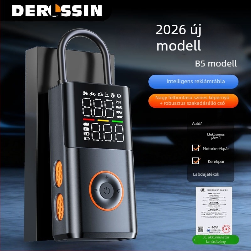 E5 Vezeték nélküli hordozható autógumi pumpa - 12V, 120W, 25 L/min, Magas precizitású digitális kijelző, Automatikus kikapcsolás intelligens nyomásfigyeléssel, Újratölthető