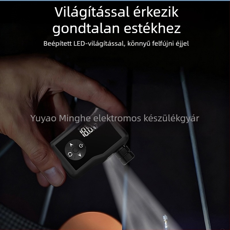 Szénkefe-mentes mini intelligens digitális kijelzős levegőpumpa autókhoz, motorkerékpárokhoz és kerékpárokhoz — 12V, újratölthető, 25 L/min, 160 g, USB töltés