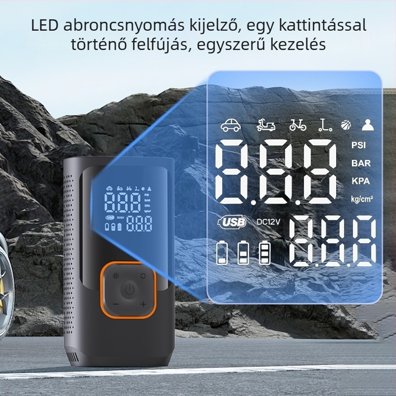 Hordozható USB autó légpumpa — vezeték nélküli, multifunkcionális, LED világítással és Power Bank