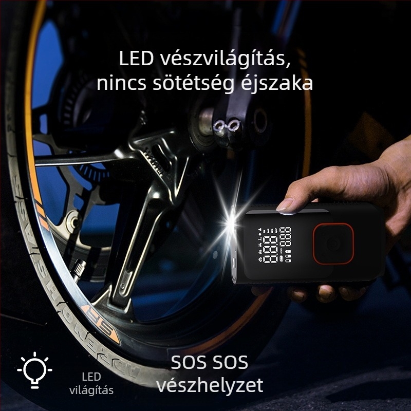 Hordozható USB autó légpumpa — vezeték nélküli, multifunkcionális, LED világítással és Power Bank