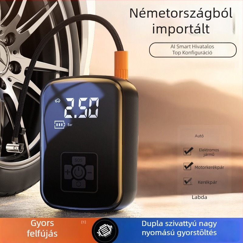 Hordozható, vezeték nélküli autó légkompresszor digitális kijelzővel