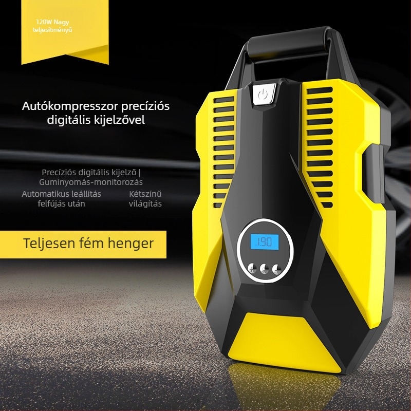 12V-os autópumpa, két hengeres, hordozható, digitális kijelzővel és nyomásmérővel
