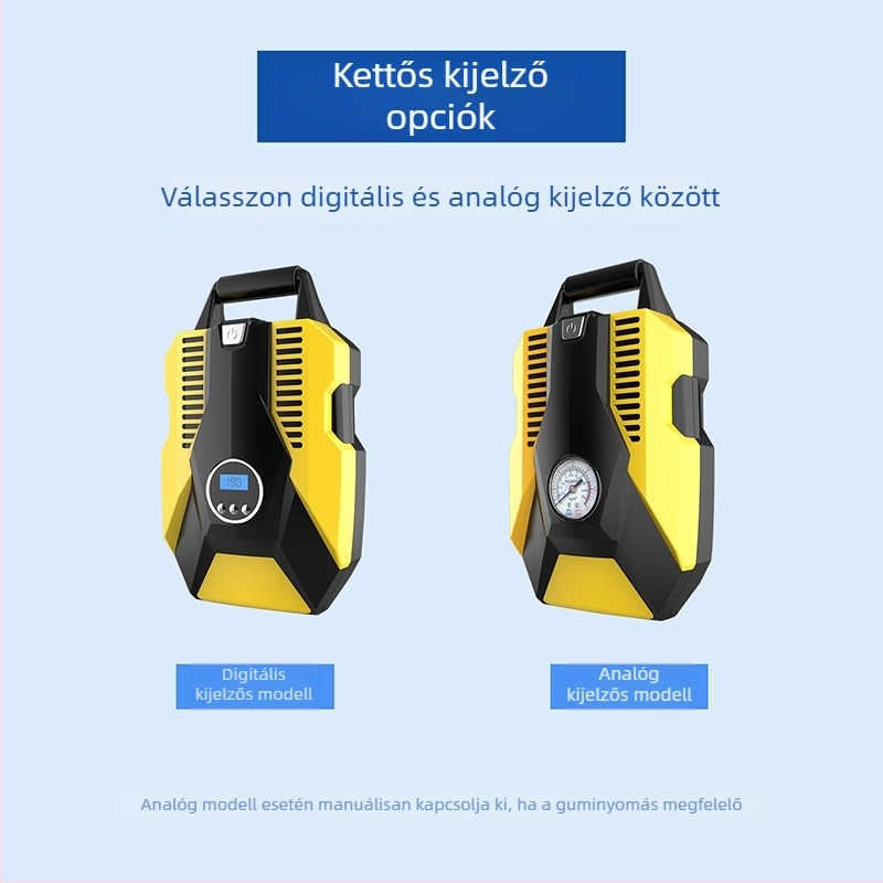 12V-os autópumpa, két hengeres, hordozható, digitális kijelzővel és nyomásmérővel