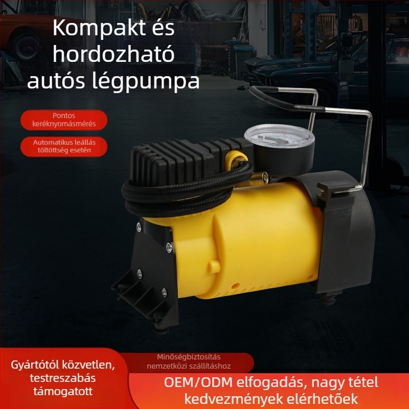 Hordozható autós levegőpumpa többfunkciós beépített energiatárolóval — 12V, 80W, 25 L/min, 60 cm tömlő, >20 perc működés