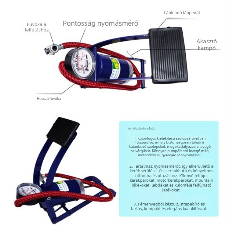 Lábpedálos keréknyomás-pumpa autókhoz, motorkerékpárokhoz, elektromos járművekhez és kerékpárokhoz - 80W, egyhengeres, 25 L/min, 49 cm tömlő, Modell 8856