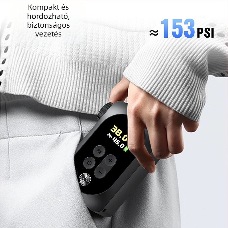 Hordozható elektromos kerékpár pumpa digitális kijelzővel, 12V lítium akkumulátor, 30 L/perc levegőáram, 80W alatt, több mint 20 perc működési idő