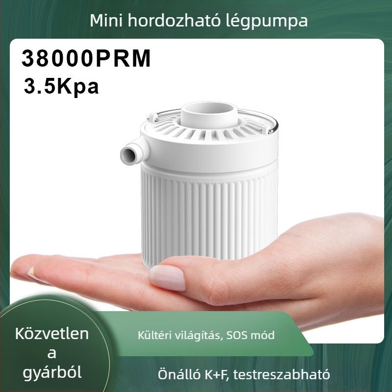 Vezeték nélküli, hordozható gumiabroncs-inflátor, egyhengeres, ABS műanyag, teljesítmény alatt 80 W, működési idő több mint 20 perc, mutatós kijelző