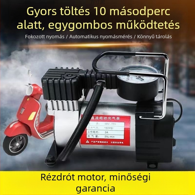 Hordozható levegőpumpa motorkerékpárokhoz és elektromos autókhoz, univerzális 12–72V, 150 W, 2,5–3 m kábelhossz, egyhengeres, analóg nyomásmérő