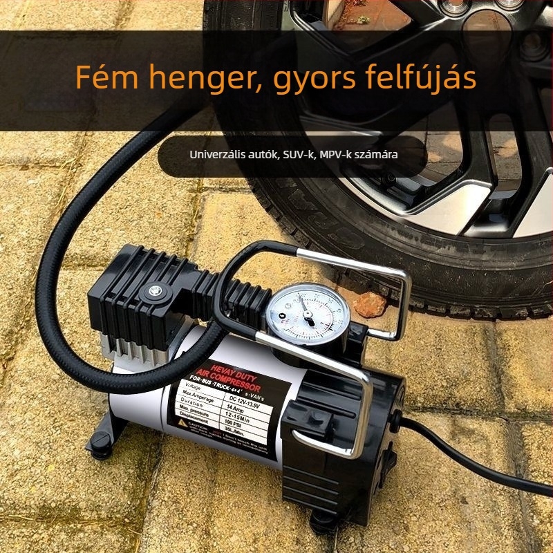 Hordozható levegőpumpa motorkerékpárokhoz és elektromos autókhoz, univerzális 12–72V, 150 W, 2,5–3 m kábelhossz, egyhengeres, analóg nyomásmérő