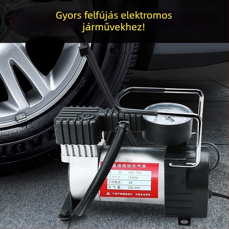 Hordozható levegőpumpa motorkerékpárokhoz és elektromos autókhoz, univerzális 12–72V, 150 W, 2,5–3 m kábelhossz, egyhengeres, analóg nyomásmérő
