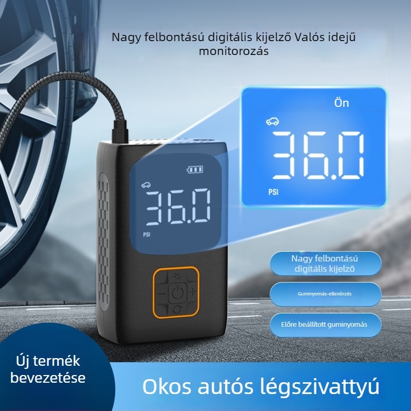 Vezeték nélküli hordozható autó gumiabroncs-fújó pumpa digitális kijelzővel, világítással és nyomásmérővel