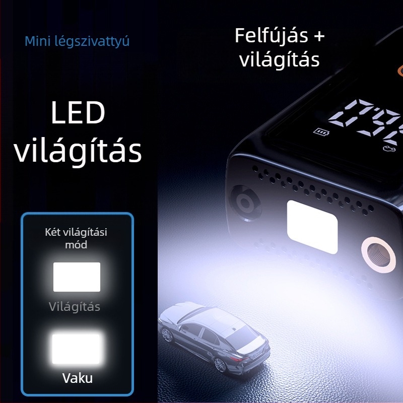 Vezeték nélküli hordozható autó gumiabroncs-fújó pumpa digitális kijelzővel, világítással és nyomásmérővel