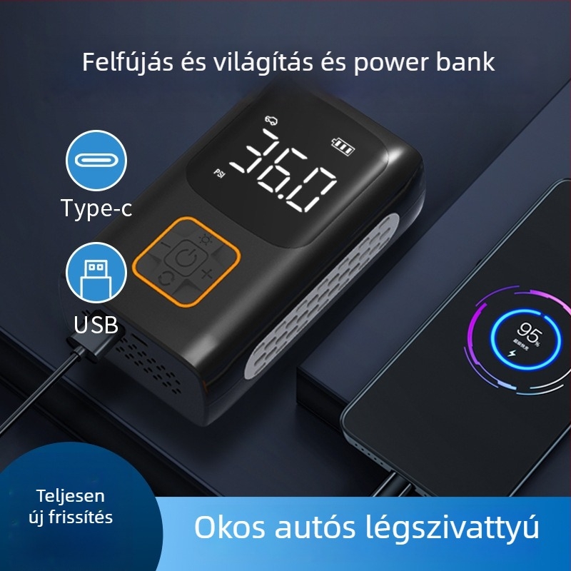 Vezeték nélküli hordozható autó gumiabroncs-fújó pumpa digitális kijelzővel, világítással és nyomásmérővel